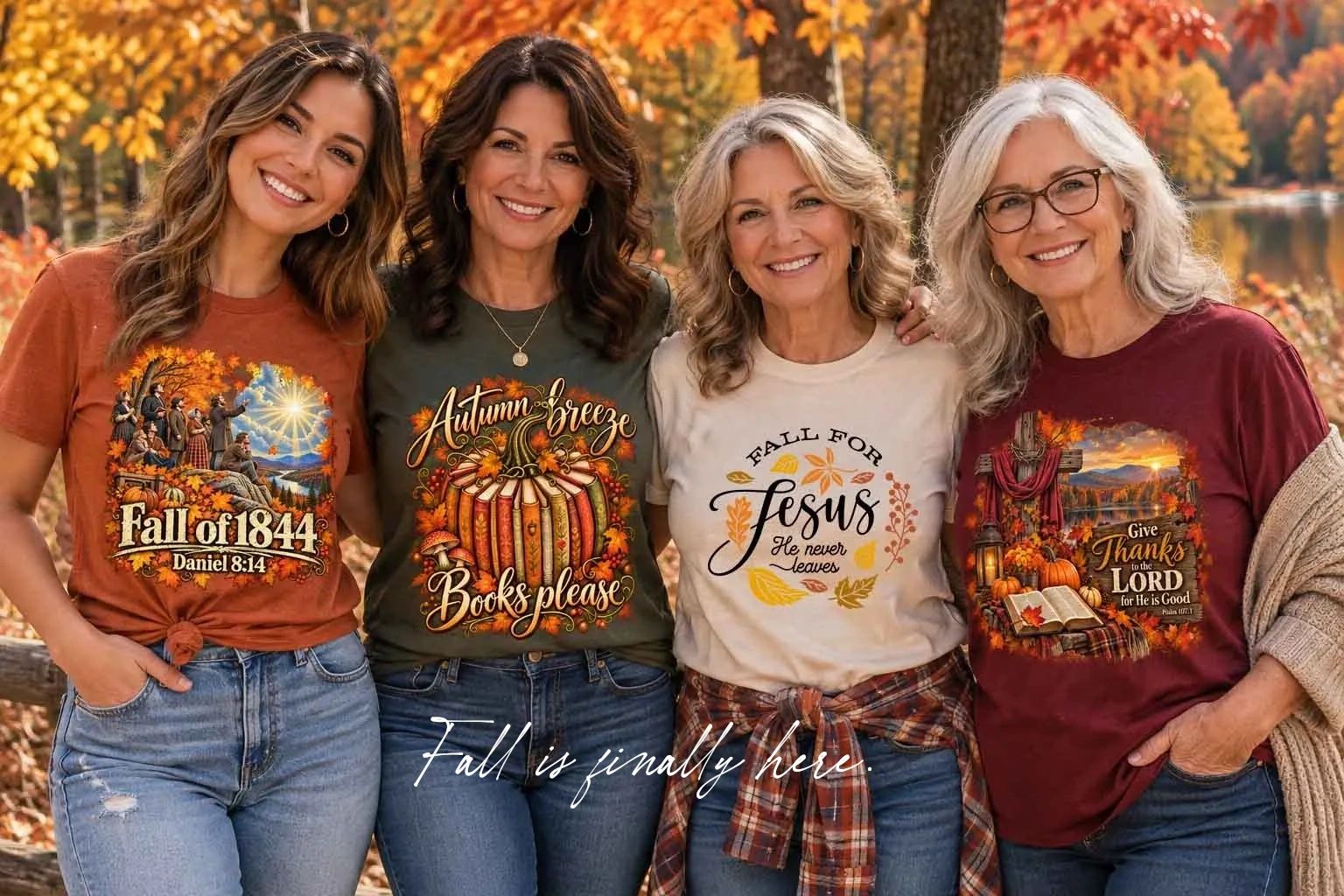 Four women wearing fall-themed faith apparel in an autumn setting
