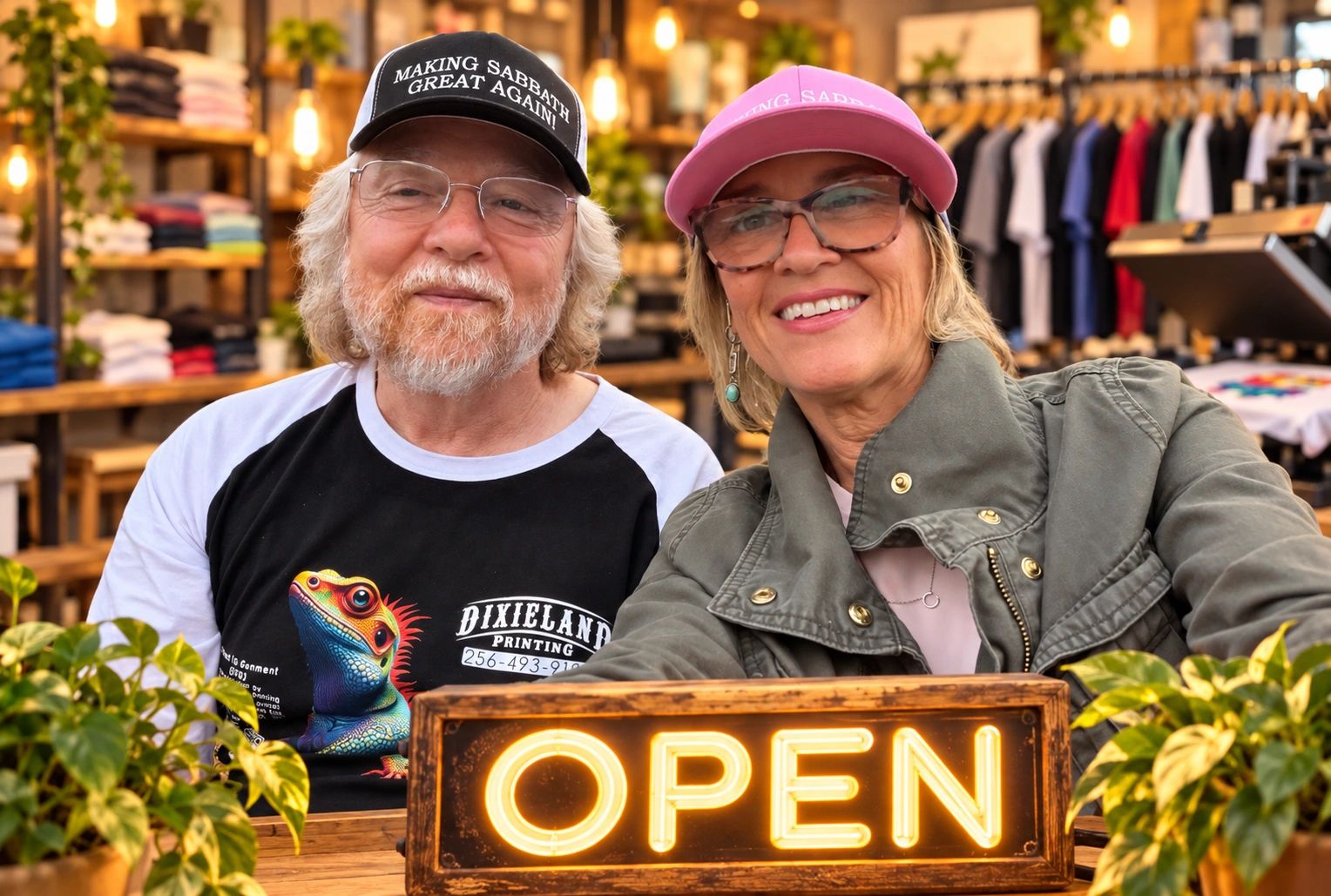 Seventh Day Apparel founders in their shop